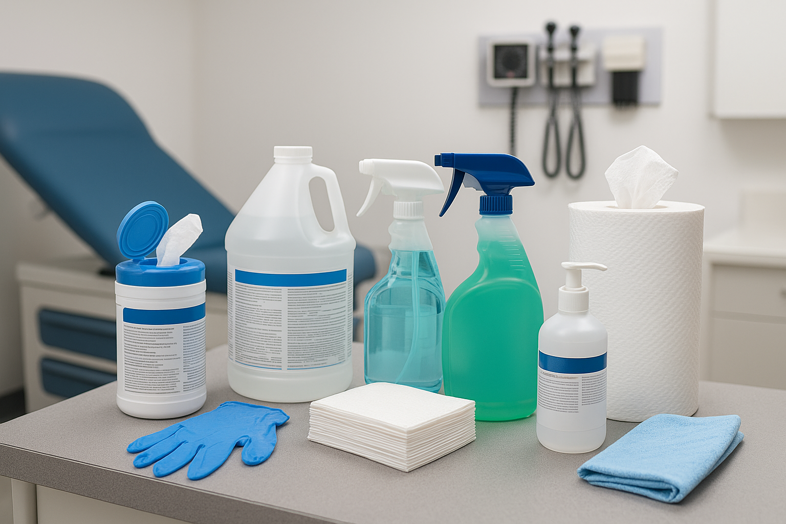 Healthcare exam rooms, treatment areas and clinical surfaces disinfectants and cleaning supplies